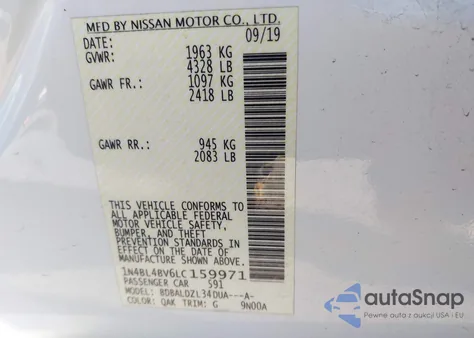 2020 Nissan Altima S Fwd z USA, uszkodzony, nr VIN 1N4BL4BV6LC159971